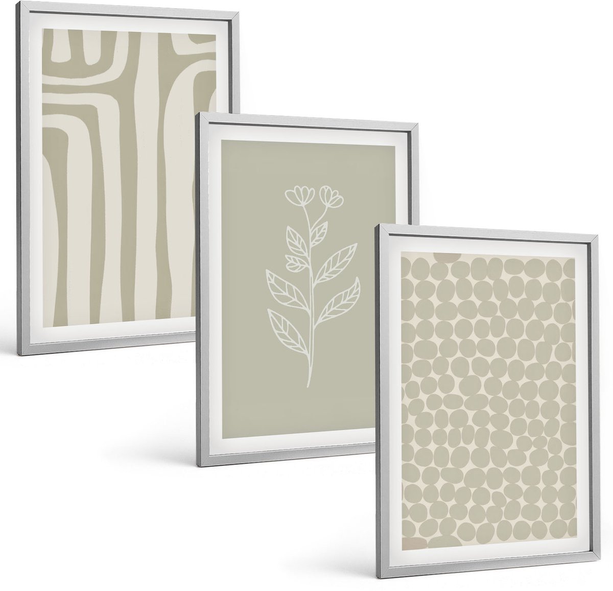 Coloray 3-Delige Schilderij Set - Plantaardige En Geometrische Patronen In Ingetogen Kleuren. - 40 x 60 cm - Wanddecoratie - Muurdecoratie - Woonkamer