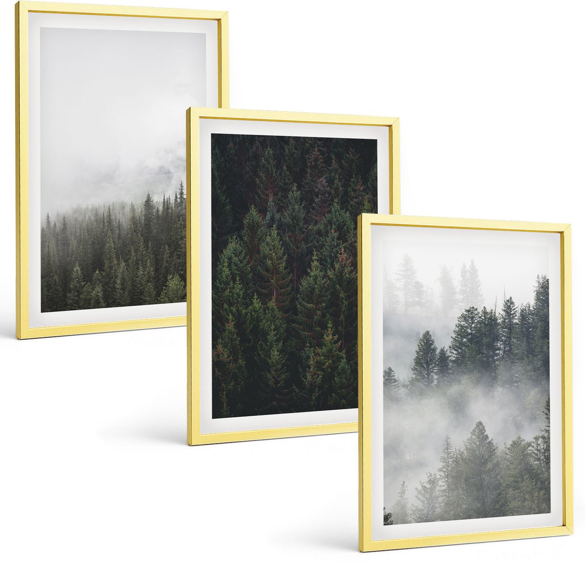 Coloray 3-Delige Schilderij Set - Groene Bossen In Een Mistige Natuurlijke Omgeving - 40 x 40 cm En 40 x 60 cm - Stijlvolle Wanddecoratie - Interieur - Interieur Decoratie