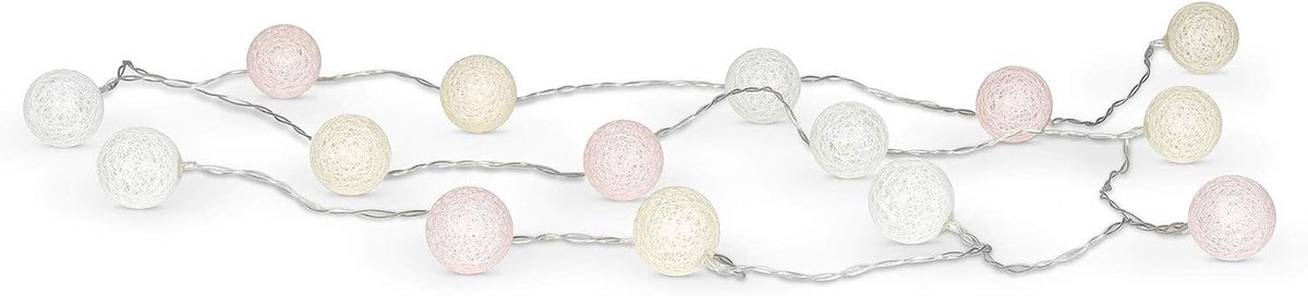 Levandeo Lichtsnoer met 15 led-bollen, lampions, katoen, lichtroze, geel, wit, katoenen slinger, decoratieve katoenen ballen