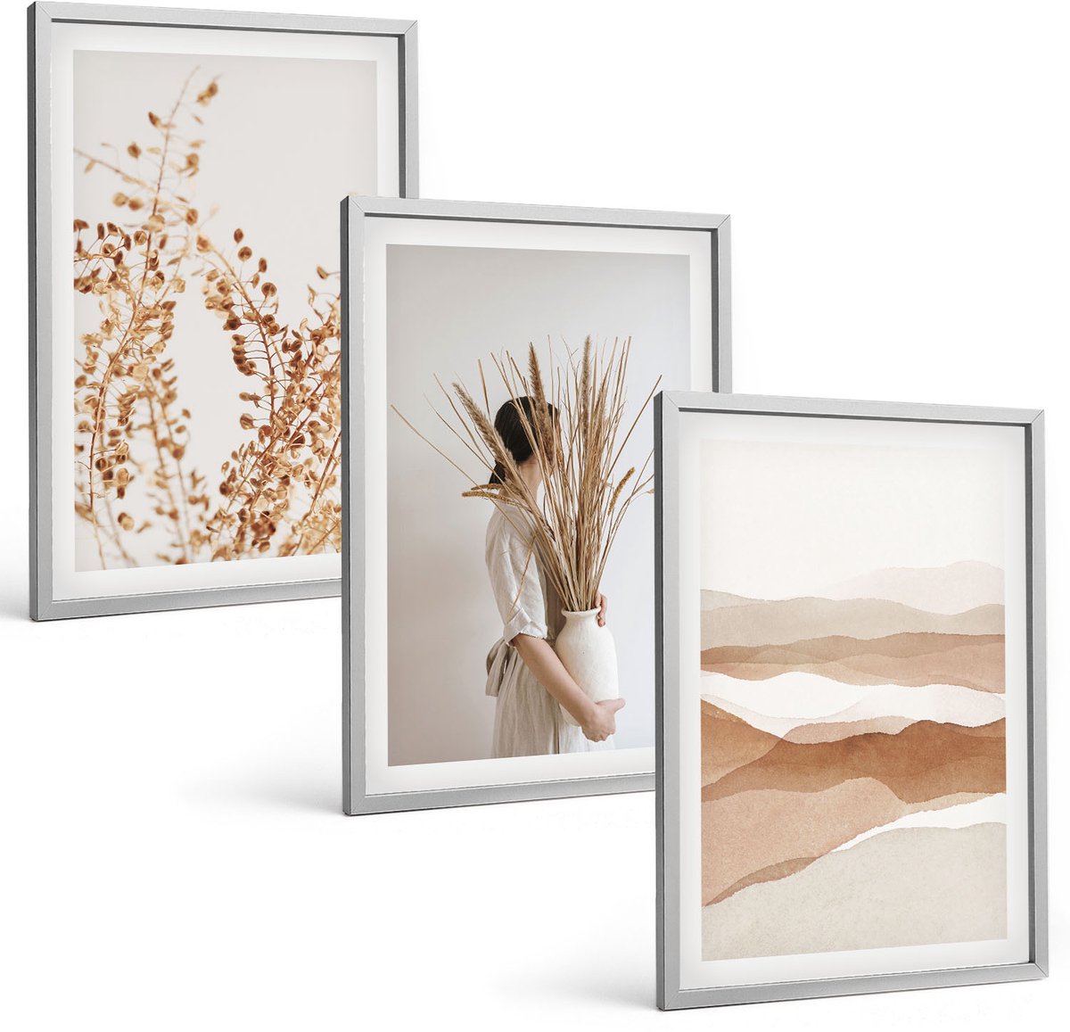 Coloray 3-Delige Schilderij Set - Abstracte Plantmotieven In Rustieke Boho-Stijl - 40 x 60 cm - Stijlvolle Wanddecoratie - Interieur - Stijlvolle Muurdecoratie