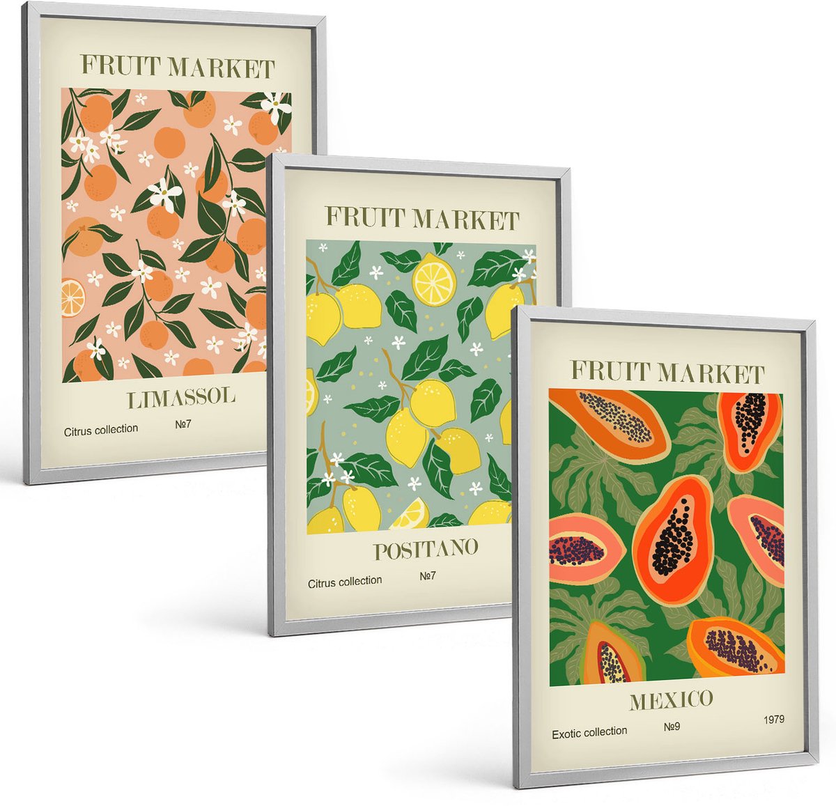 Coloray 3-Delige Schilderij Set - Citrus- En Tropische Vruchten In Retrostijl - 40 x 60 cm - Wanddecoratie - Muurdecoratie - Woonkamer - Moderne Wanddecoratie