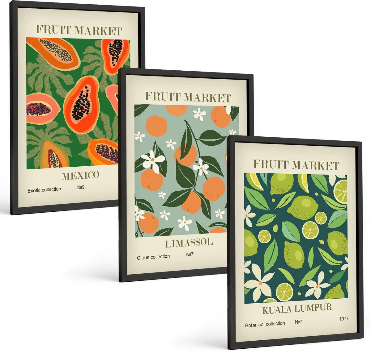 Coloray 3-Delige Schilderij Set - Vintage Posters Met Fruitpatronen - 40 x 60 cm - Decoratieve Schilderijen - Wanddecoratie - Hal - Interieur Decoratie