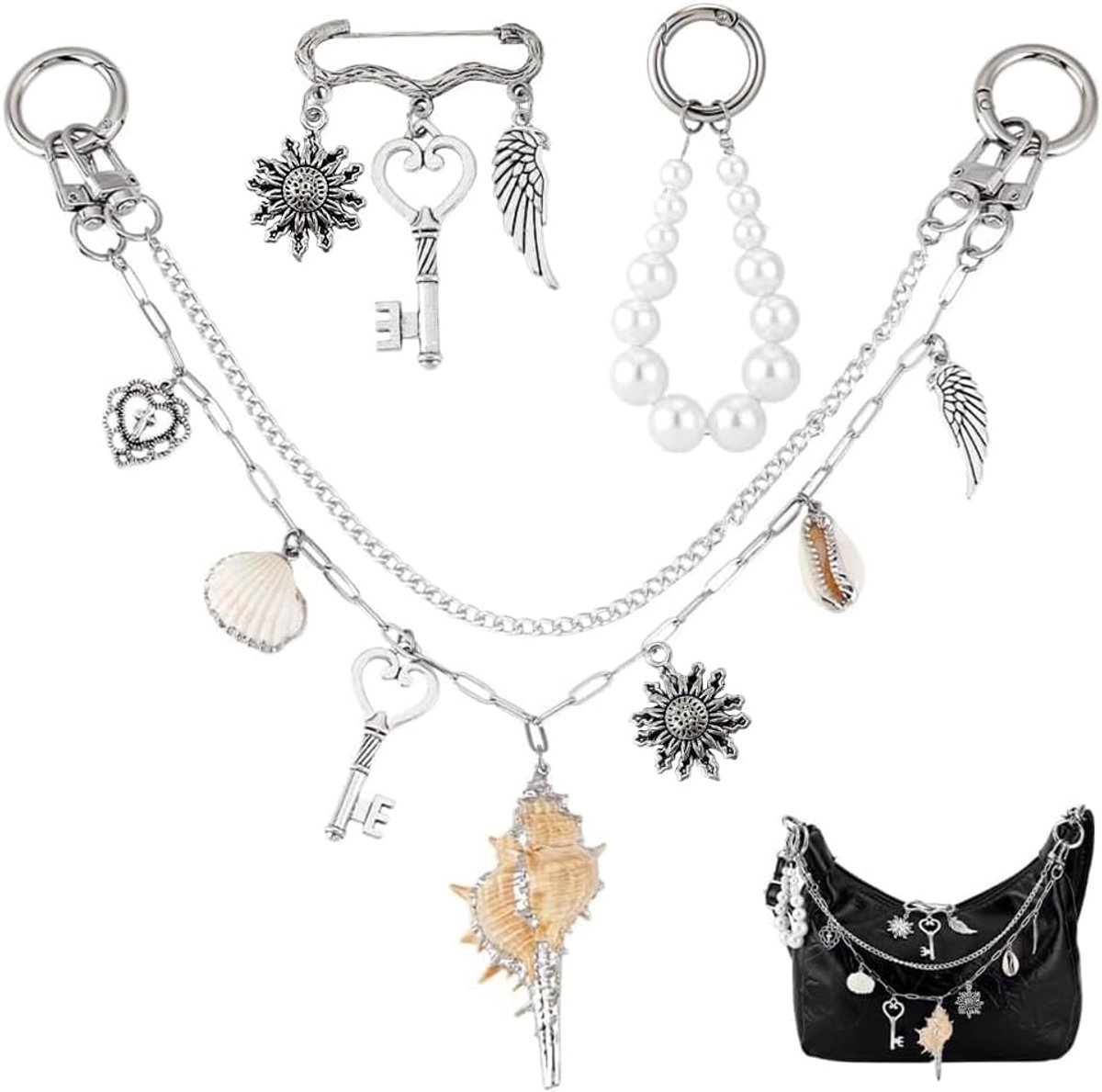 PandaHall 3-delige set tassensieraden voor handtassen, decoratieve tassenkettingen met schelpjes, elegante zilveren veiligheidsspeld portemonnee sleutelhanger en parelsleutelhanger voor handtas