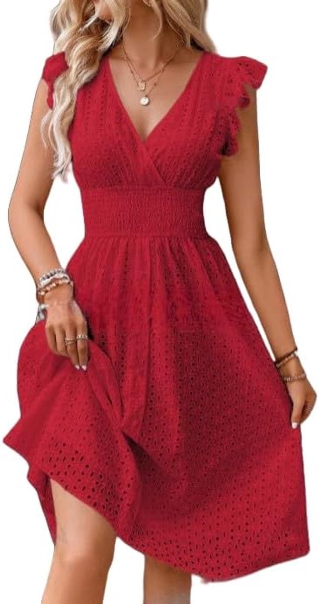 Zomerjurk voor dames, boho-jurk, V-hals, uitgesneden, schattige ruches aan de mouwen, vloeiende jurk, sexy tuniek, strandfeest, zonnejurk