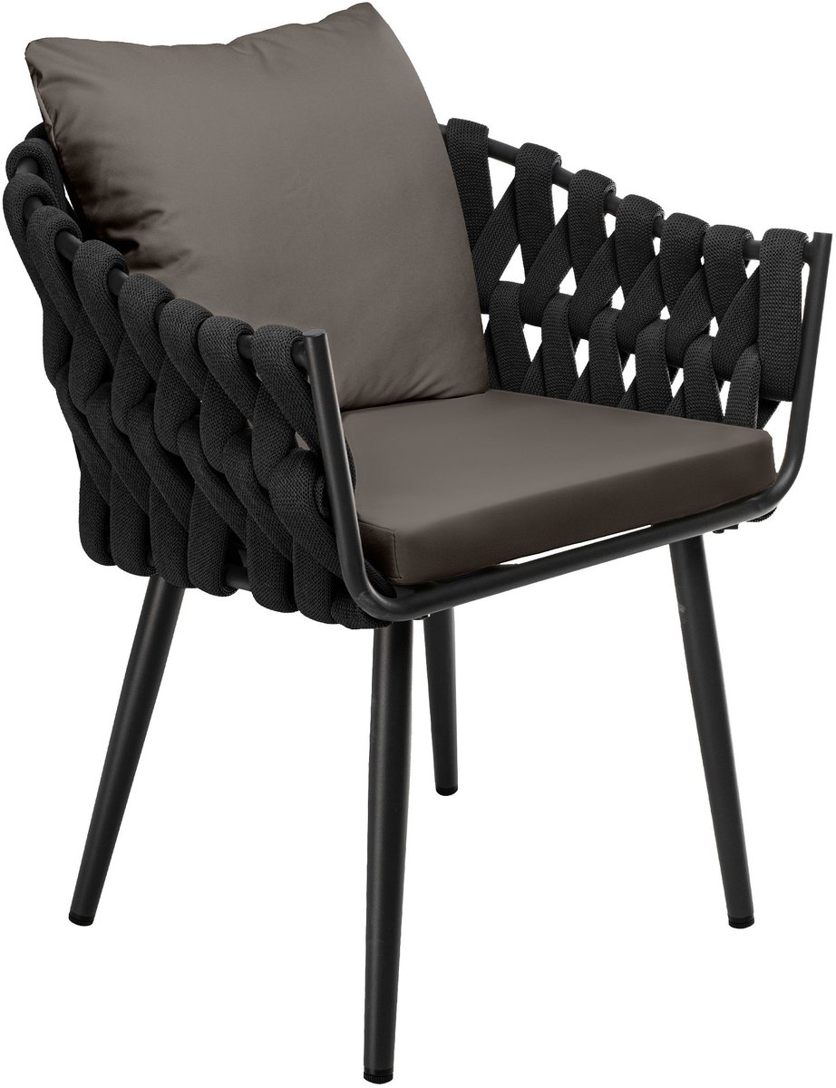 CLP Tuinstoel Naxos - Met Kussen - Touwdesign - Zwart Metaal - Antraciet - grijs