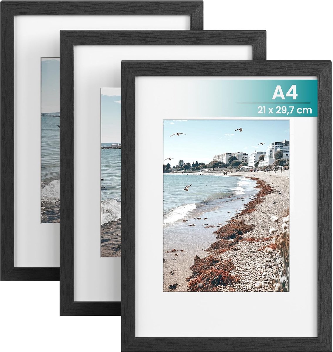 SONGMICS A4 fotolijst, set van 3 A4-lijsten, fotolijsten, voor aan de muur of op tafel, MDF, inclusief onzichtbare spijkers, zwarte lijst