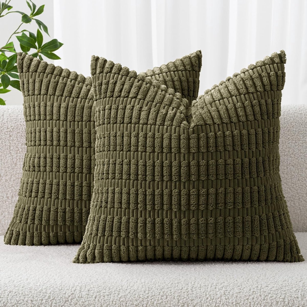 Set van 2 Corduroy Kussenhoezen 45 x 45 cm in Olijfgroen voor Woonkamer en Slaapkamer - Boho en Rustieke Decoratie