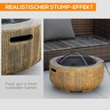 Vuurkorf met houtnerf-effect, naast een rotan bank.