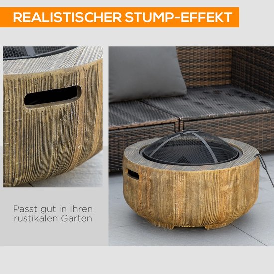 Vuurkorf met houtnerf-effect, naast een rotan bank.