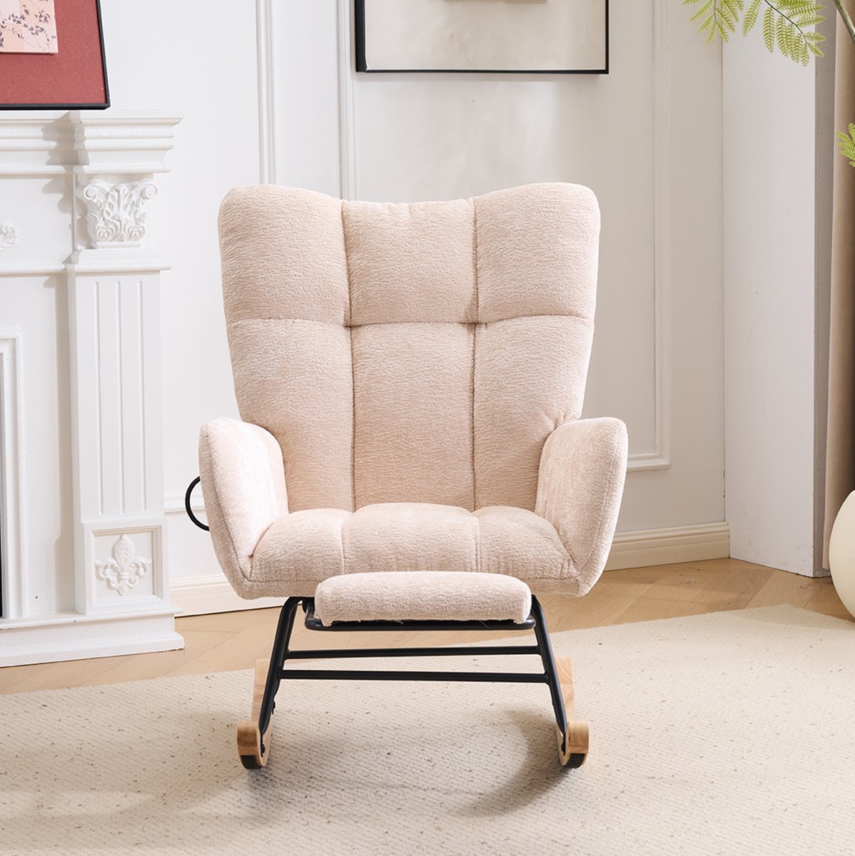 MIVRAY Schommelstoel 89 x 63 cm Met Hoge Rugleuning Armleuningen Voetsteun En Opbergvak Voor Woonkamer Slaapkamer Chenille Beige