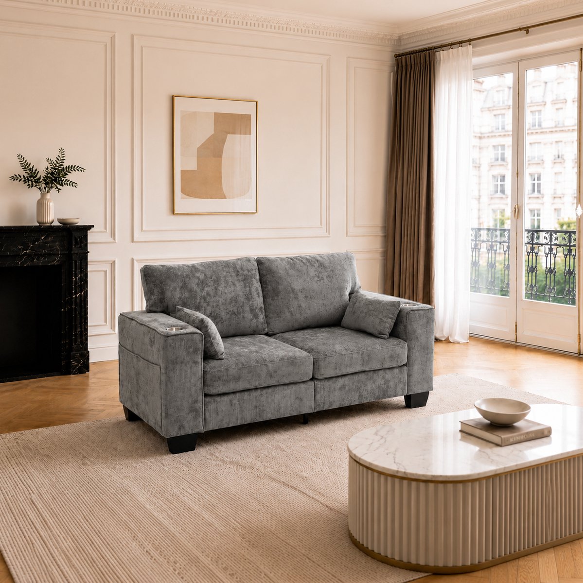 MIVRAY Zitbank 182 cm - Moderne 2-Zits Met Bekerhouders En Zijvakken - Voor Woonkamer En Kantoor - Chenille Stof - Donkergrijs