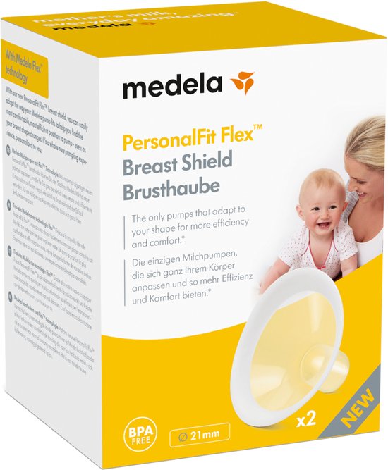 Tétère PersonalFit Flex Medela, 21mm. Avec une image d'une mère et d'un bébé.