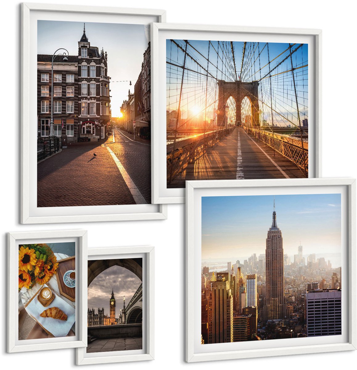 Coloray 5-Delige Schilderij Set - Charmante Steden, Architectonische Uitzichten En Zonsondergangen - 50 x 50 cm, 20 x 30 cm En 40 x 60 cm - Muurdecoratie - Decoratieve Schilderijen - Wohnzimmer - Stijlvolle Muurdecoratie