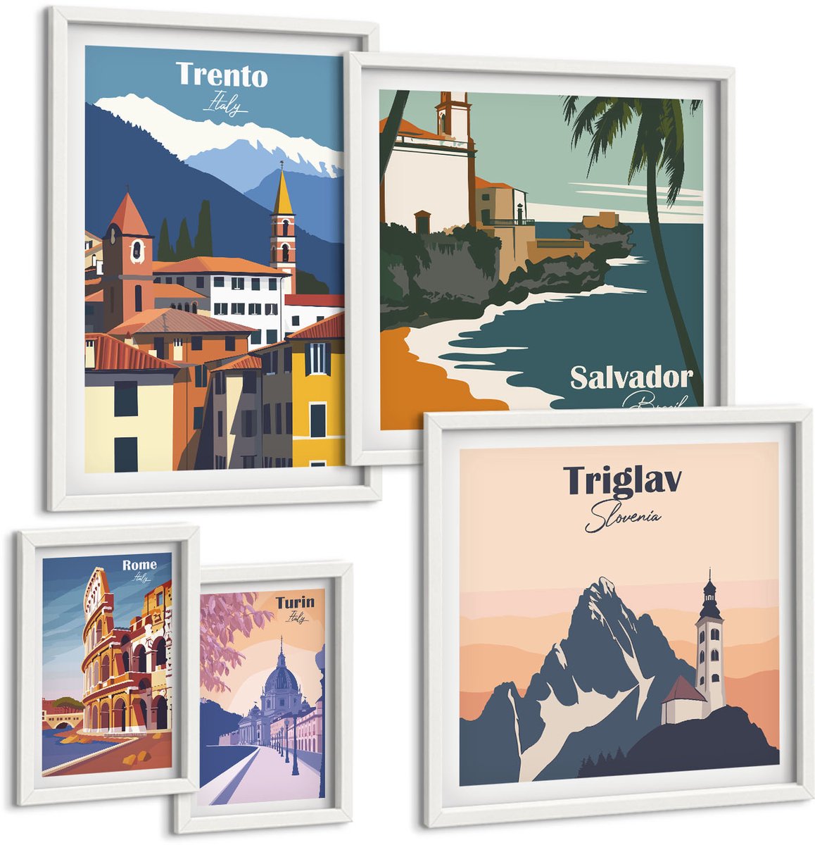 Coloray 5-Delige Schilderij Set - Europese Steden En Landschappen In Retrostijl - 50 x 50 cm, 20 x 30 cm En 40 x 60 cm - Moderne Wanddecoratie - Woonkamer - Stijlvolle Muurdecoratie