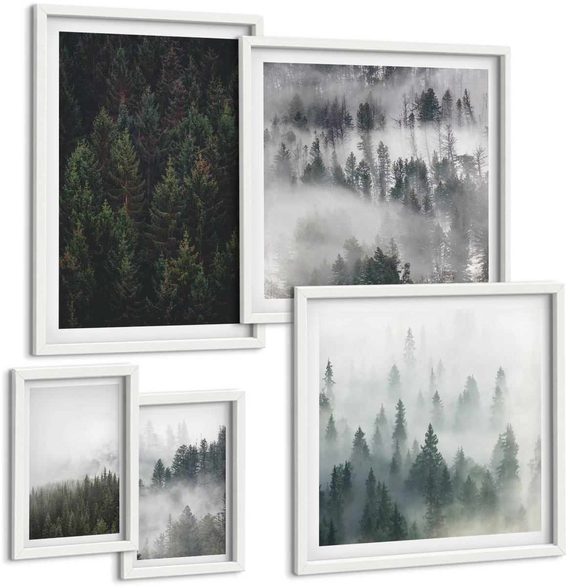 Coloray 5-Delige Schilderij Set - Groene Bossen, Mistige Landschappen, Natuurlijke Uitzichten. - 50 x 50 cm, 20 x 30 cm En 40 x 60 cm - Wanddecoratie - Schilderijen Set - Kantoor - Decoratieve Schilderijen