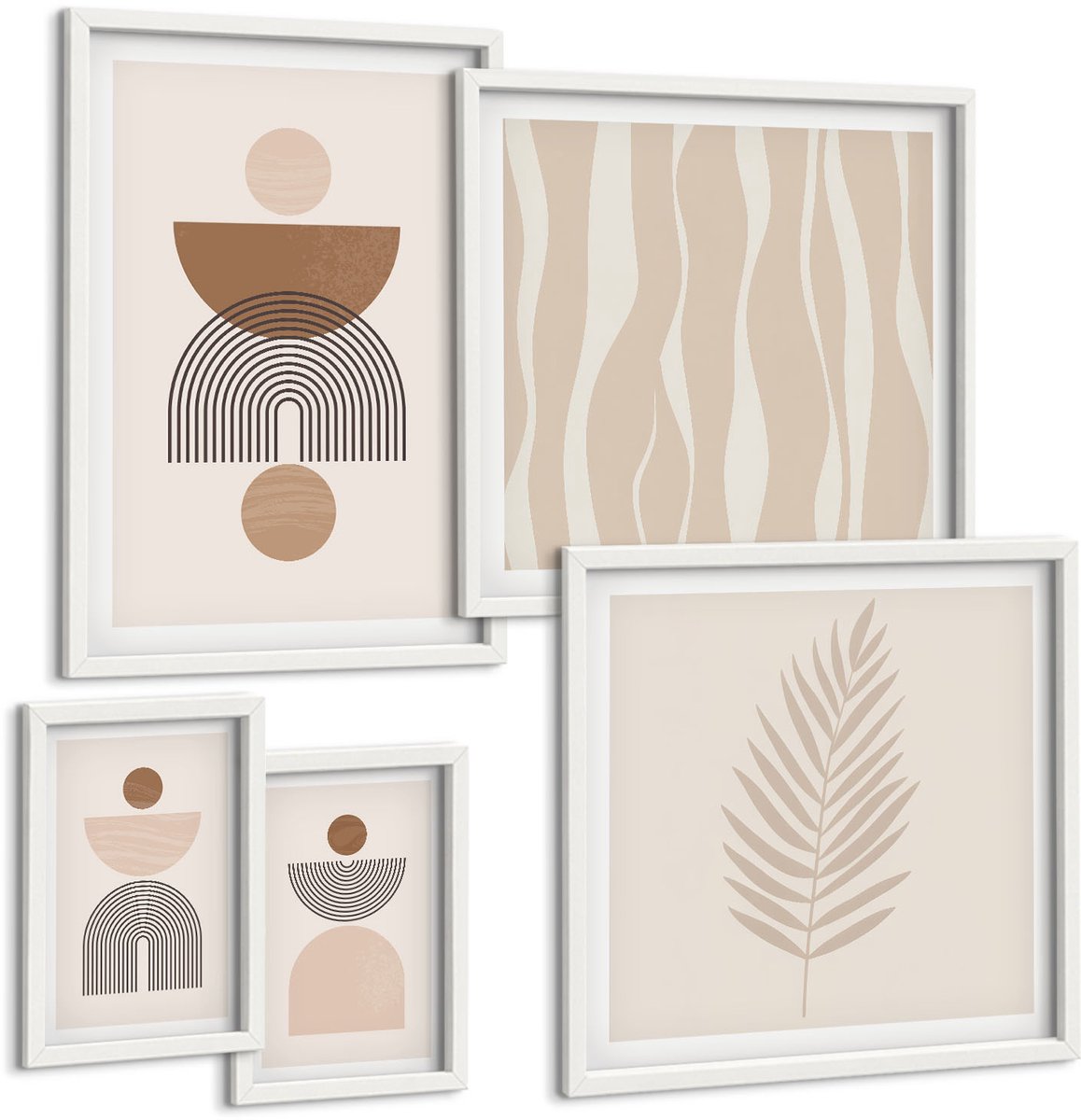 Coloray 5-Delige Schilderij Set - Abstracte Geometrische Vormen In Natuurlijke Tinten. - 50 x 50 cm, 20 x 30 cm En 40 x 60 cm - Decoratieve Muurdecoratie - Slaapkamer