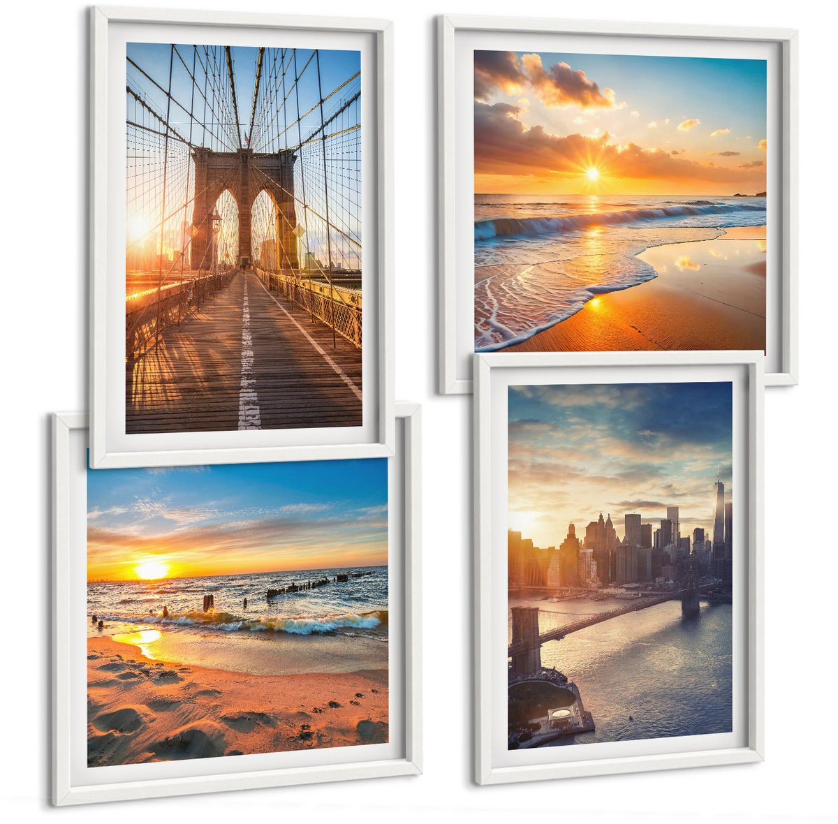 Coloray 4-Delige Schilderij Set - Bruggen En Zonsondergangen In Het Stedelijk Landschap - 40 x 40 En 40 x 60 - Muurdecoratie - Decoratieve Schilderijen - Wohnzimmer