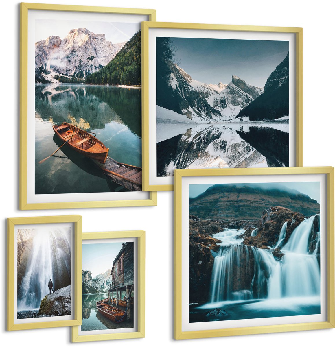 Coloray 5-Delige Schilderij Set - Berglandschappen Met Watervallen En Alpenmeren - 50 x 50 cm, 20 x 30 cm En 40 x 60 cm - Muurdecoratie - Decoratieve Schilderijen - Wohnzimmer