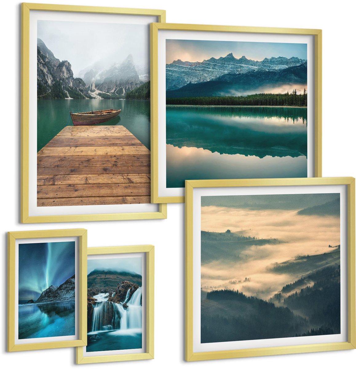 Coloray 5-Delige Schilderij Set - Natuurlijke Landschappen Met Watervallen En Bergen Op De Achtergrond. - 50 x 50 cm, 20 x 30 cm En 40 x 60 cm - Wanddecoratie - Muurdecoratie - Moderne Interieurdecoratie - Decoratieve Schilderijen