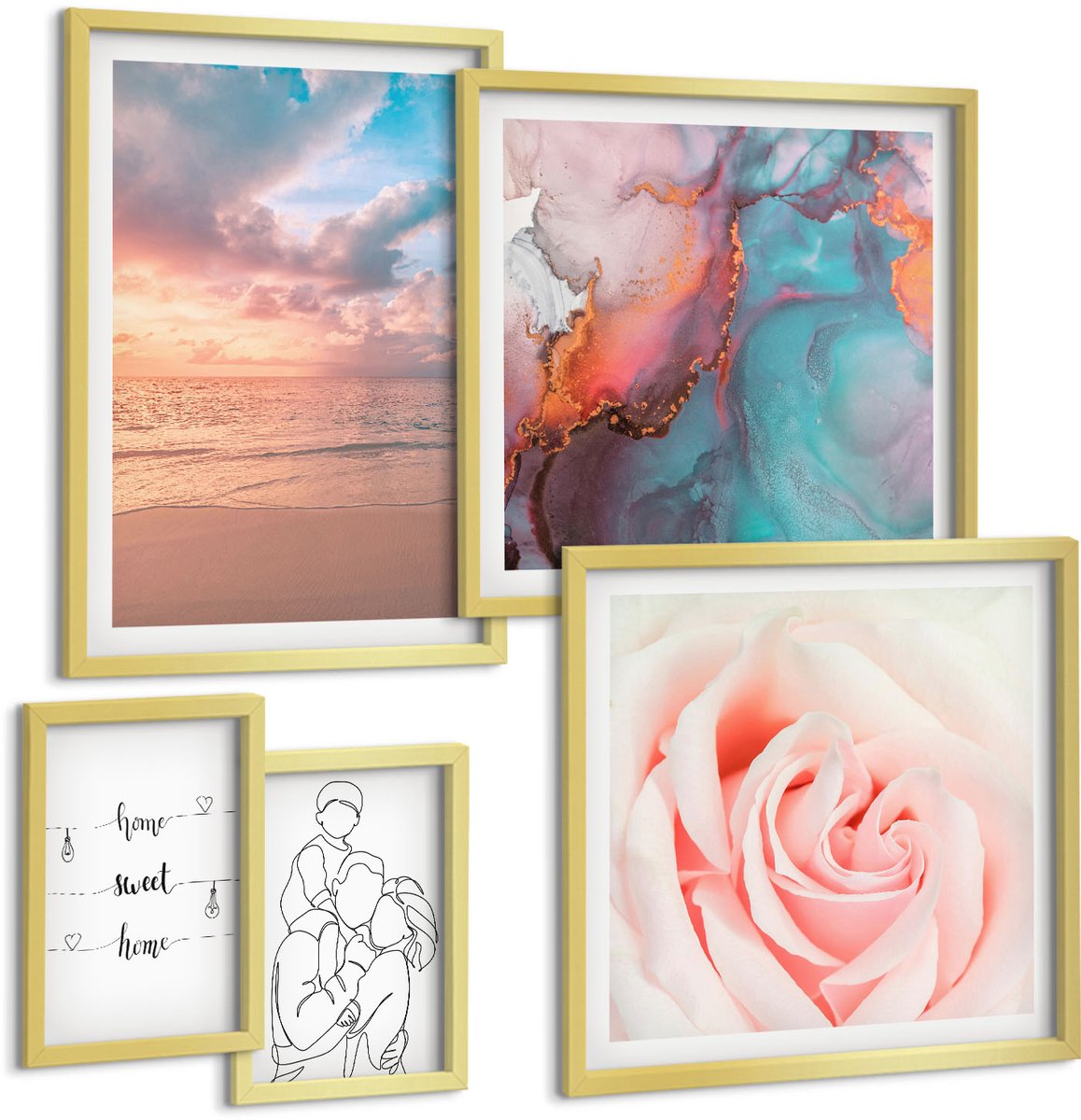 Coloray 5-Delige Schilderij Set - Zeegezichten, Romantische Motieven En Delicate Lijnen - 50 x 50 cm, 20 x 30 cm En 40 x 60 cm - Stijlvolle Muurdecoratie - Slaapkamer