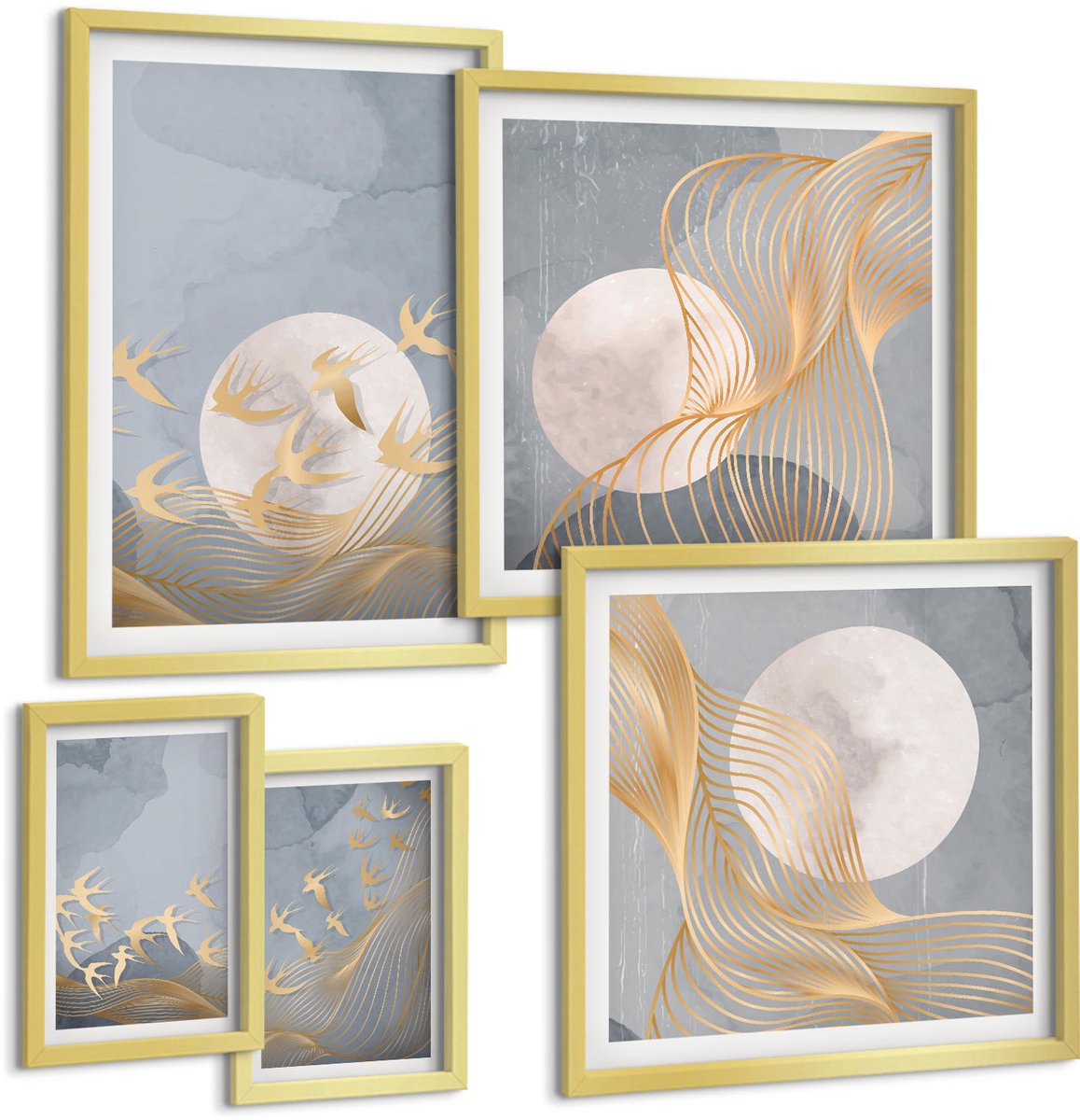 Coloray 5-Delige Schilderij Set - Harmonie Van De Natuur In Delicate Tinten En Motieven - 50 x 50 cm, 20 x 30 cm En 40 x 60 cm - Muurdecoratie - Interieur Decoratie - Wanddecoratie