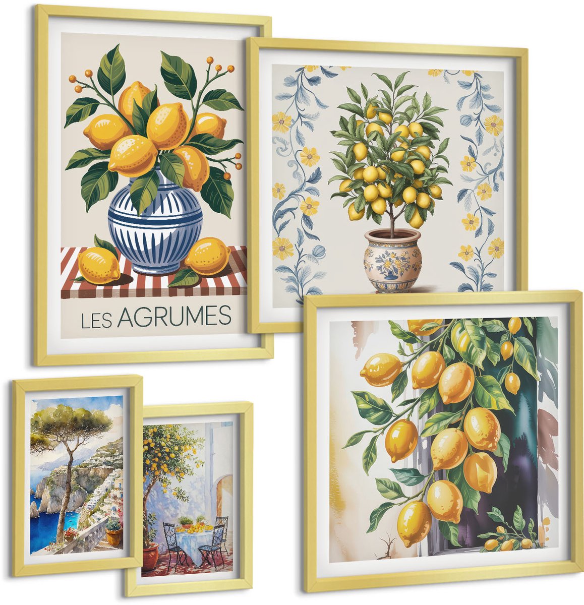 Coloray 5-Delige Schilderij Set - Citrusinspiratie In Mediterrane Stijl - 50 x 50 cm, 20 x 30 cm En 40 x 60 cm - Wanddecoratie - Woonkamer Decoratie - Muurdecoratie