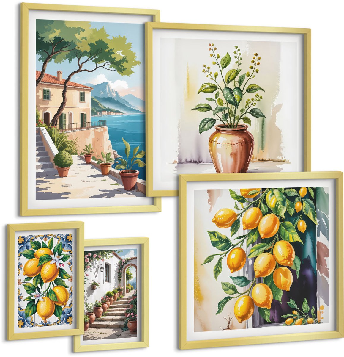 Coloray 5-Delige Schilderij Set - Mediterrane Landschappen Met Citrusvruchten En Vegetatie - 50 x 50 cm, 20 x 30 cm En 40 x 60 cm - Decoratieve Schilderijen - Wanddecoratie - Hal - Stijlvolle Muurdecoratie