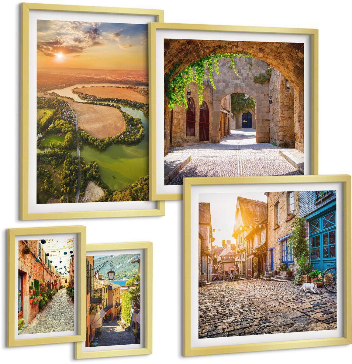 Coloray 5-Delige Schilderij Set - Charmante Landschappen Met Pittoreske Straatjes En Natuur - 50 x 50 cm, 20 x 30 cm En 40 x 60 cm - Wanddecoratie - Schilderijen Set - Kantoor - Interieur Decoratie