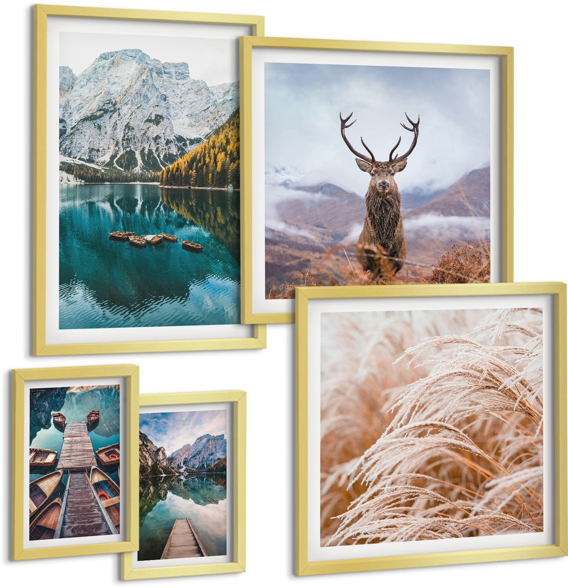 Coloray 5-Delige Schilderij Set - Berglandschappen En Natuurlijke Schoonheid - 50 x 50 cm, 20 x 30 cm En 40 x 60 cm - Wanddecoratie - Muurdecoratie - Woonkamer - Decoratieve Schilderijen