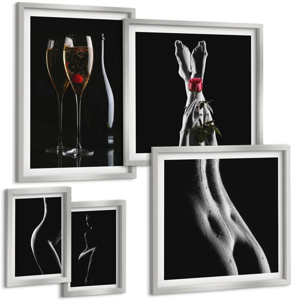 Coloray 5-Delige Schilderij Set - Erotische Afbeeldingen Van Vrouwelijke Silhouetten In Zwart-Wit - 20 x 30 cm - Wanddecoratie - Schilderijen Set - Interieur - Woonkamer Decoratie
