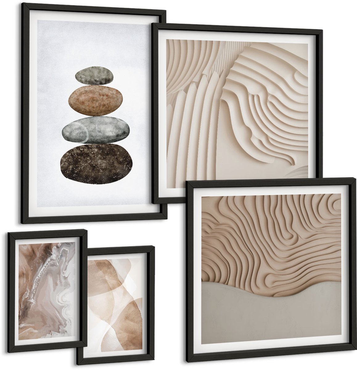 Coloray 5-Delige Schilderij Set - Abstracte Vormen, Geschilderde Structuren In Pastelkleuren. - 50 x 50 cm, 20 x 30 cm En 40 x 60 cm - Stijlvolle Muurdecoratie - Slaapkamer - Interieur Decoratie