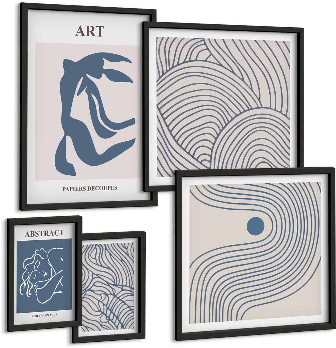 Coloray 5-Delige Schilderij Set - Abstracte Vormen En Lijnen In Een Moderne Stijl. - 50 x 50 cm, 20 x 30 cm En 40 x 60 cm - Decoratieve Schilderijen - Woonkamer - Interieur - Moderne Wanddecoratie