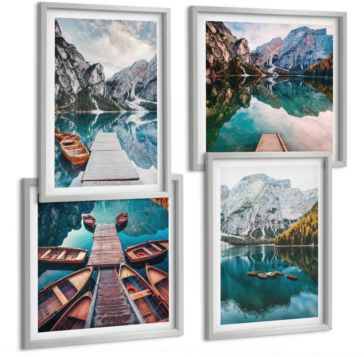 Coloray 4-Delige Schilderij Set - Meer Met Houten Steigers En Bergen - 40 x 40 cm En 40 x 60 cm - Decoratieve Schilderijen - Woonkamer - Interieur - Stijlvolle Muurdecoratie