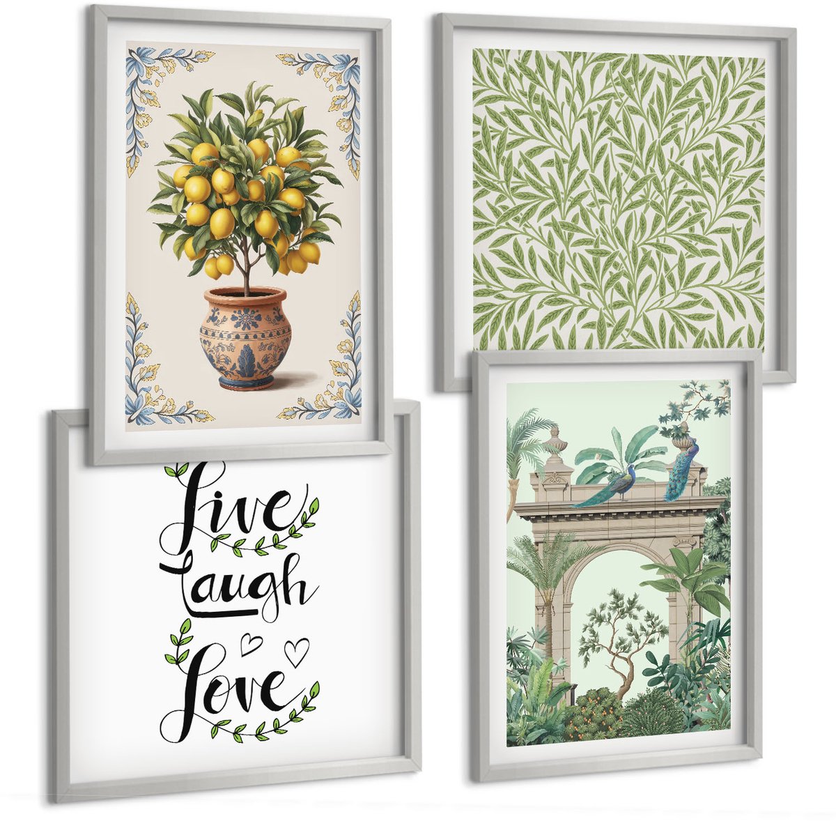Coloray 4-Delige Schilderij Set - Groene Bladeren, Letters En Exotische Planten, Citroenboom - 40 x 40 cm En 40 x 60 cm - Decoratieve Schilderijen - Woonkamer - Interieur - Moderne Wanddecoratie
