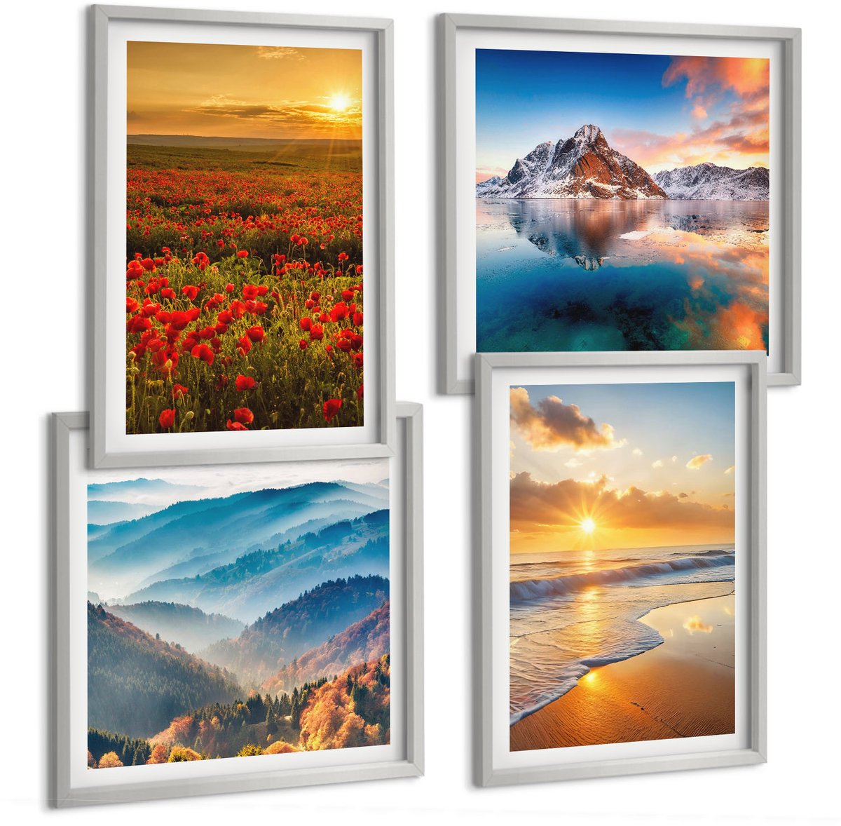Coloray 4-Delige Schilderij Set - Berg- En Kustlandschappen Met Zonsondergang - 40 x 40 cm En 40 x 60 cm - Stijlvolle Muurdecoratie - Kantoor
