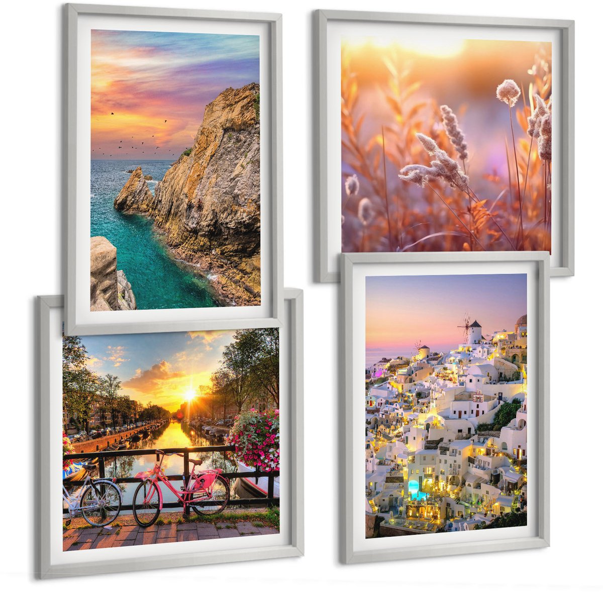 Coloray 4-Delige Schilderij Set - Uitzicht Op Zee Met Zonsondergang En De Stad - 40 x 40 cm En 40 x 60 cm - Wanddecoratie - Woonkamer Decoratie - Stijlvolle Muurdecoratie