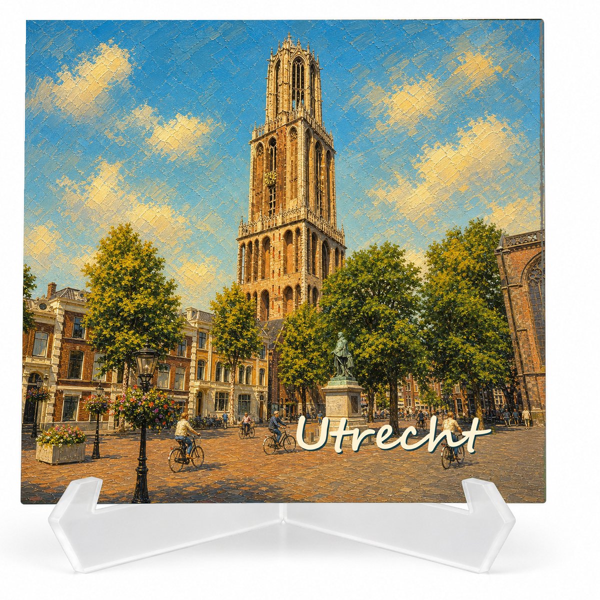 Kleurmedia Tegeltje Utrecht – Domtoren Domplein – Keramiek 15 x 15 cm – Inclusief transparante houder – Souvenir