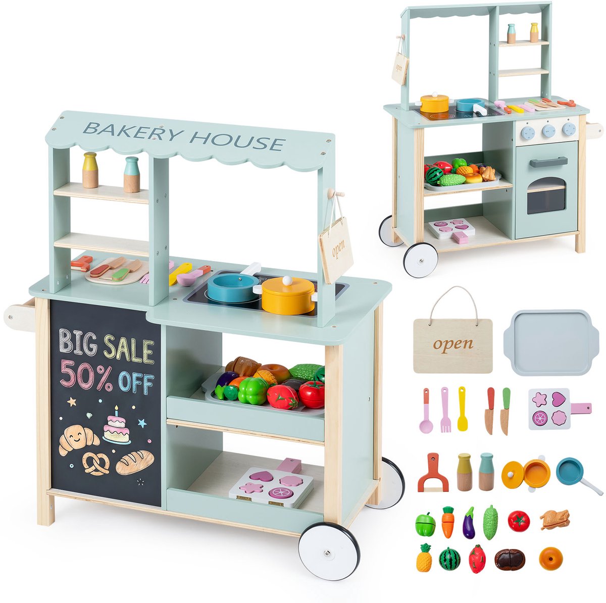 COSTWAY Kinderkeuken en winkelwinkel 2-in-1, speelkeuken van hout met