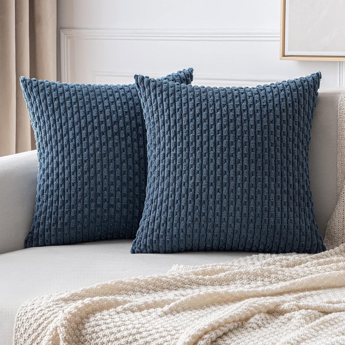 Decoratieve Corduroy Kussenhoezen voor Sofa en Stoelen - Zachte Kussenhoezen met Onzichtbare Rits - Set van 2, 45x45 cm, Blauw, Ideaal voor Woonkamer en Slaapkamer