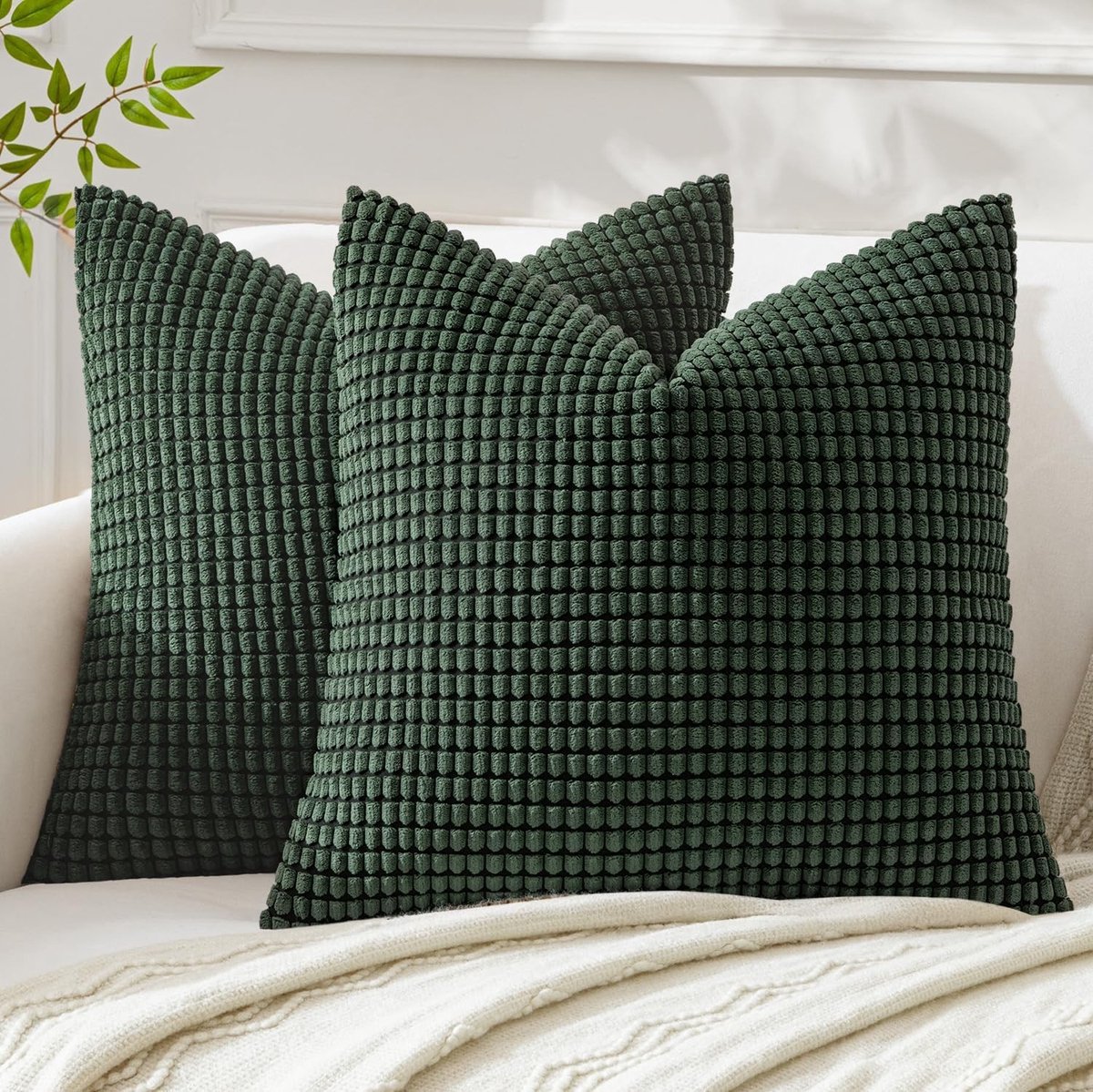 Set van 2 Decoratieve Corduroy Kussenhoezen 40x40 cm Gestreept en Effen Vierkant voor Bank en Slaapkamer Donkergroen Kussenslopen