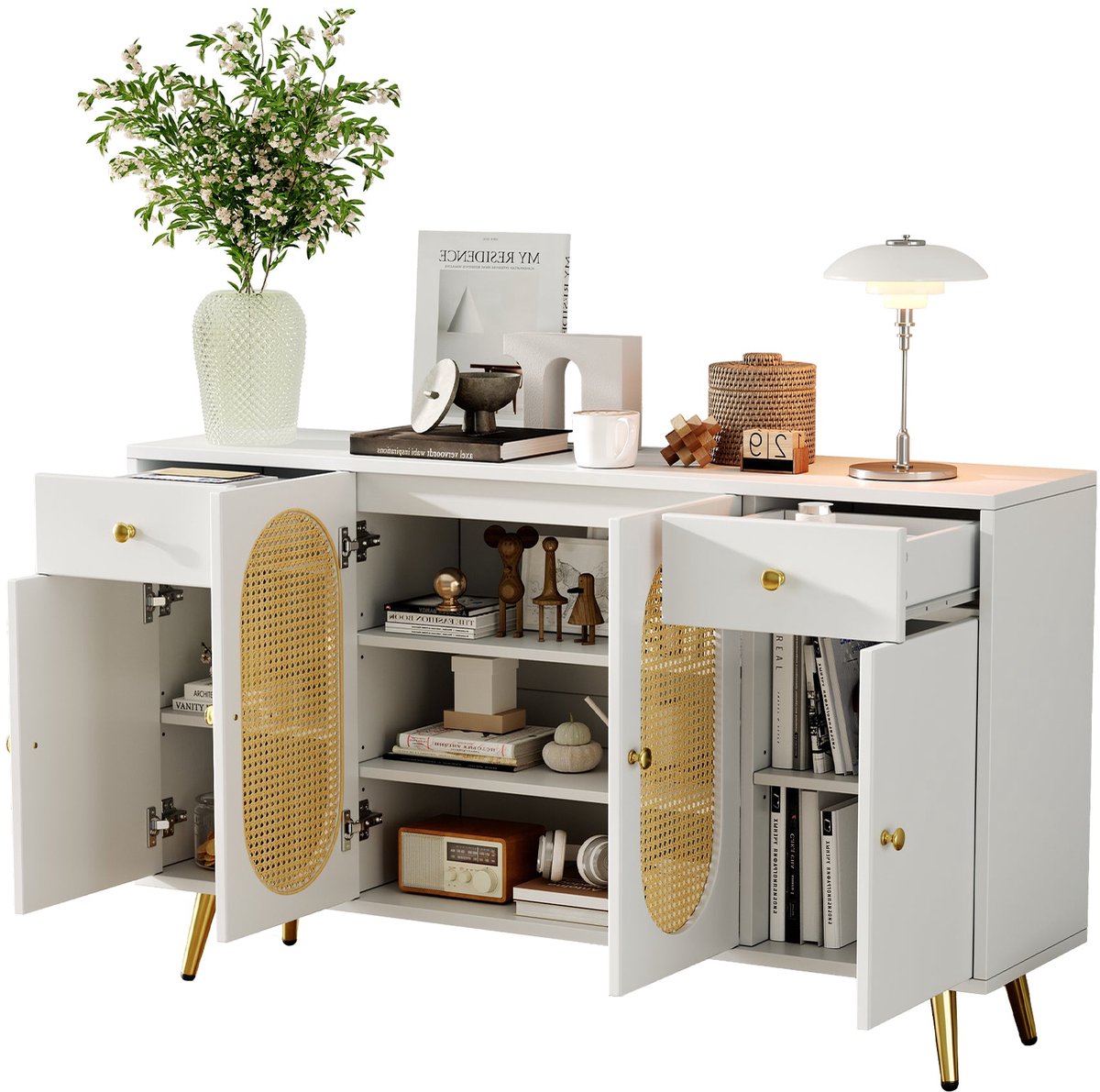 Merax Dressoir Kast 140x35x82 cm – Opbergkast met 2 Lades en 4 Deuren – Witte Kast met Houtlook en Gouden Details voor Woonkamer en Keuken