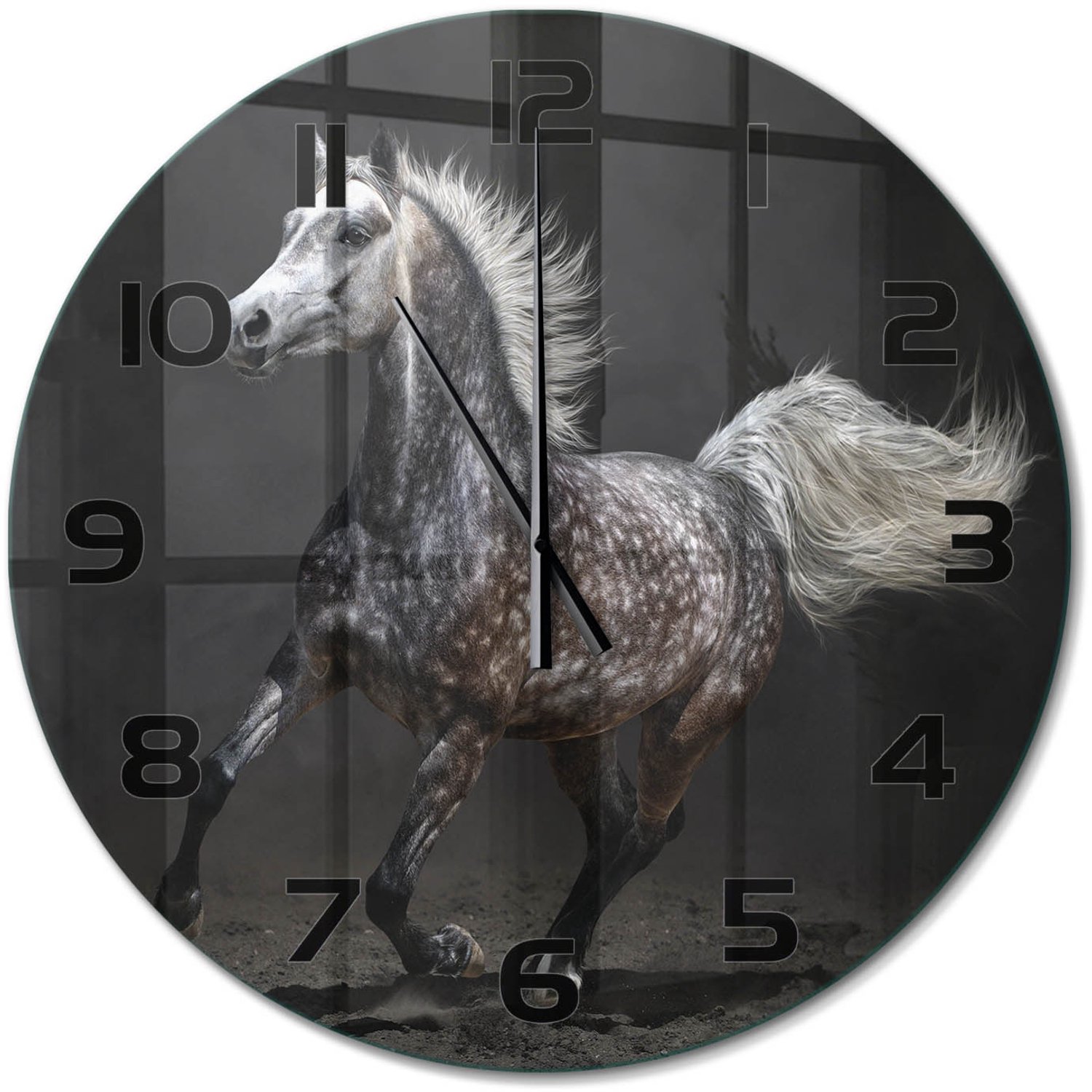 TULUP Wandklok - Grijze Arabische Paard Glazen Wandklok Design - fi60 cm - Zwart Klok Glas Met Opdruk - Zwarte handen - Ronde Klok - Wandklok Glas Met Motief - Decoratieve Glazen Klok