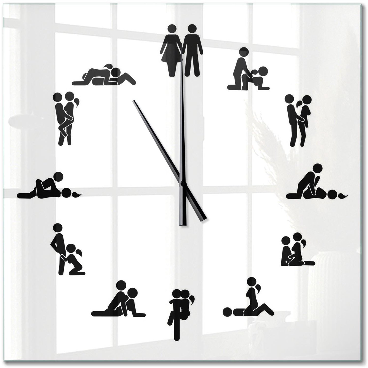 TULUP Wandklok - Kama Sutra Glazen Wandklok Design - 60x60 cm - Wit Klok Glas Met Opdruk - Zwarte handen - Vierkante Klok - Wandklok Glas Met Motief - Decoratieve Glazen Klok