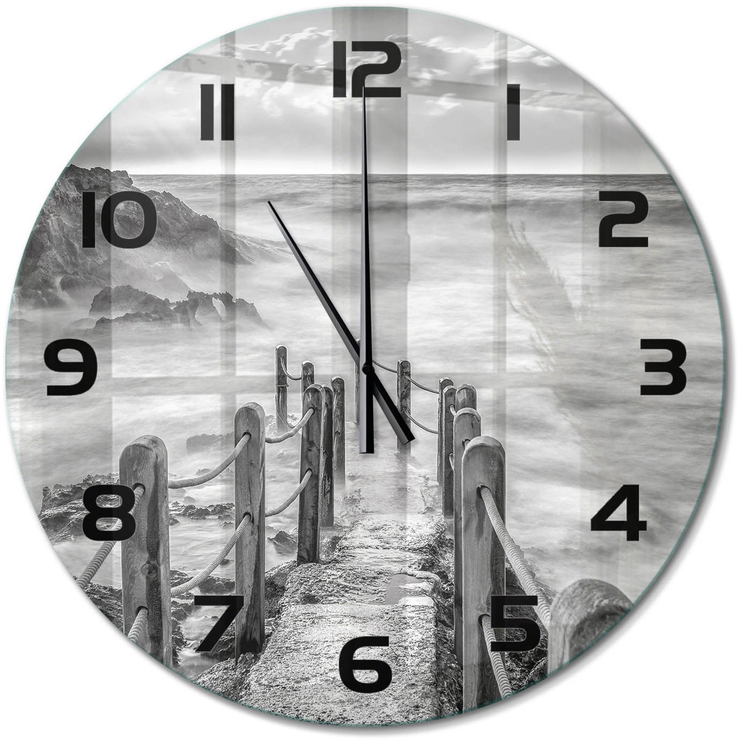 TULUP Wandklok - Pad langs de zee Wandklok Glas Met Motief - fi60 cm - Zwart-wit Decoratieve Glazen Klok - Zwarte handen - Ronde Klok - Gekleurde Glazen Klok - Glazen Klok Met Print