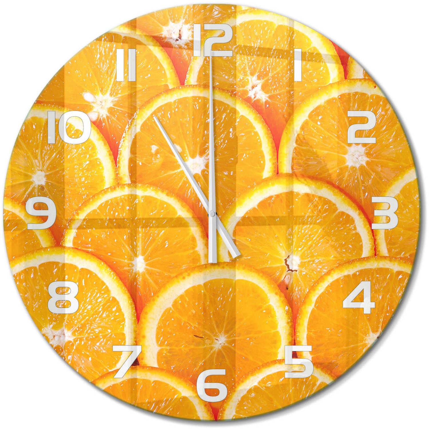 TULUP Wandklok - Sinaasappelschijfjes Moderne Wandklok Glas - fi60 cm - Oranje Wandklok Glas Decoratie - Witte handen - Ronde Klok - Glazen Wandklok Design - Klok Glas Met Opdruk