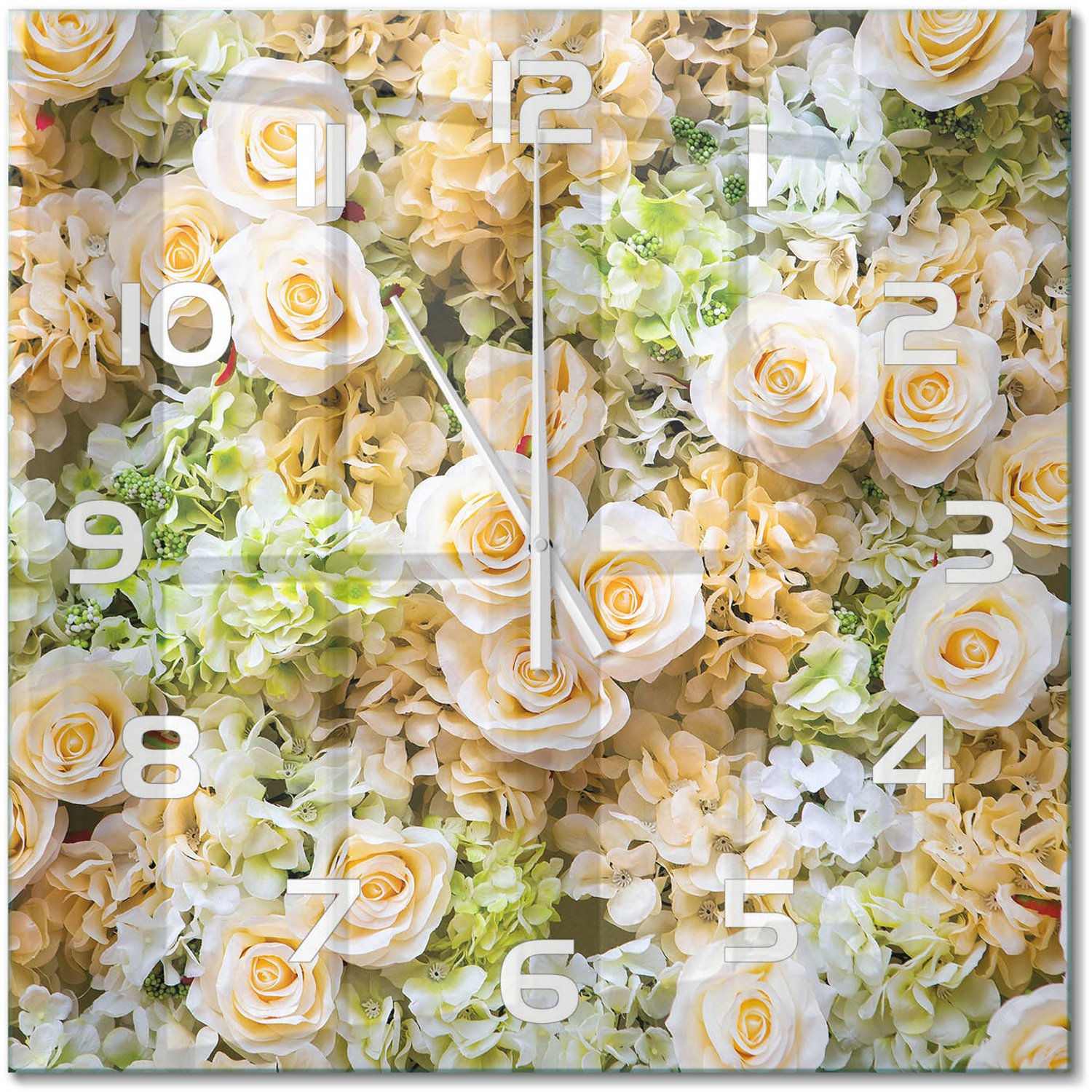 TULUP Wandklok - Rozen Glazen Wandklok Design - 60x60 cm - Beige Klok Glas Met Opdruk - Witte handen - Vierkante Klok - Wandklok Glas Met Motief - Decoratieve Glazen Klok