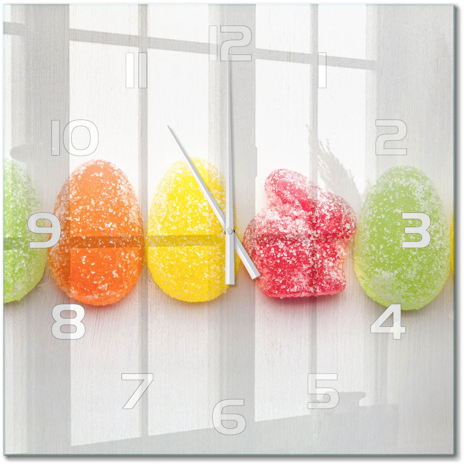 TULUP Wandklok - Kleurrijke Jelly Beans Gekleurde Glazen Klok - 60x60 cm - Veelkleurig Glazen Klok Met Print - Witte handen - Vierkante Klok - Moderne Wandklok Glas - Wandklok Glas Decoratie