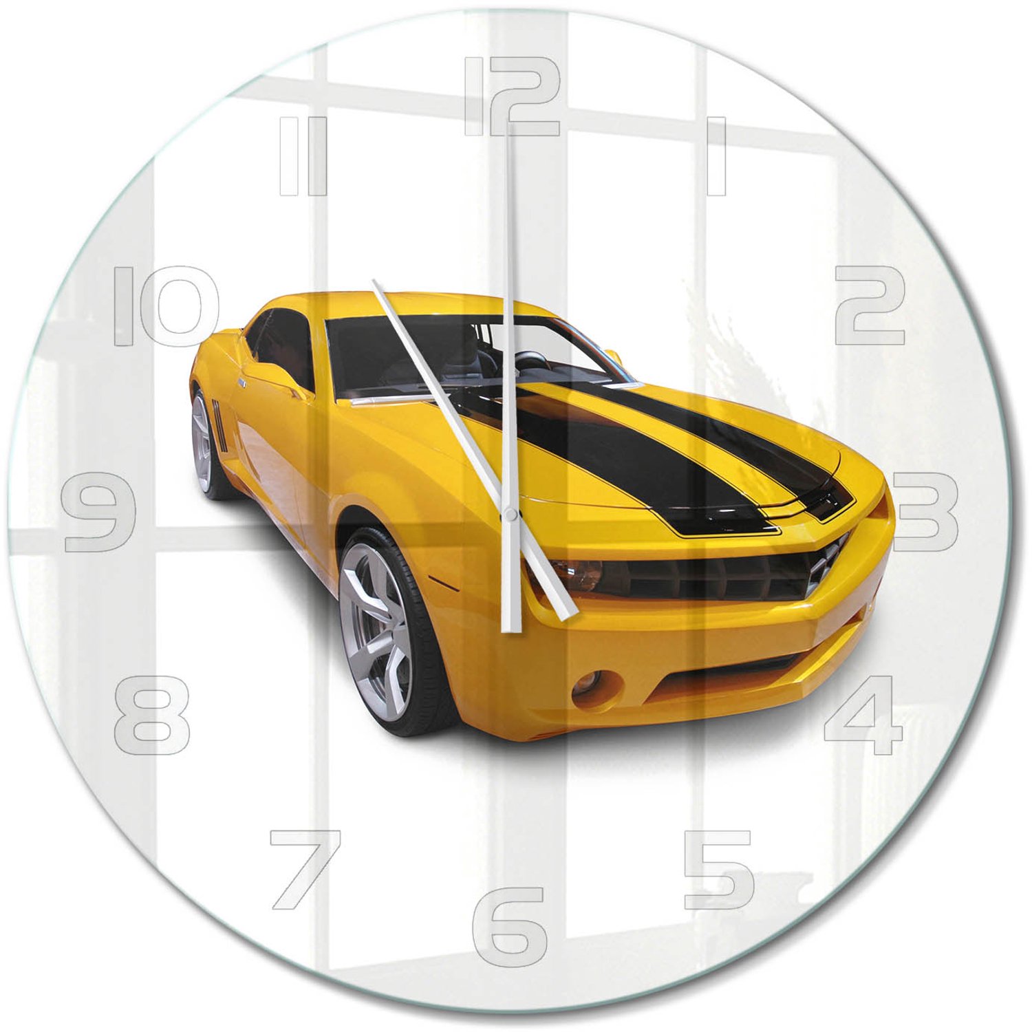 TULUP Wandklok - Sportwagen Glazen Klok Met Print - fi60 cm - Geel Wandklok Glas Met Motief - Witte handen - Ronde Klok - Wandklok Glas Decoratie - Gekleurde Glazen Klok