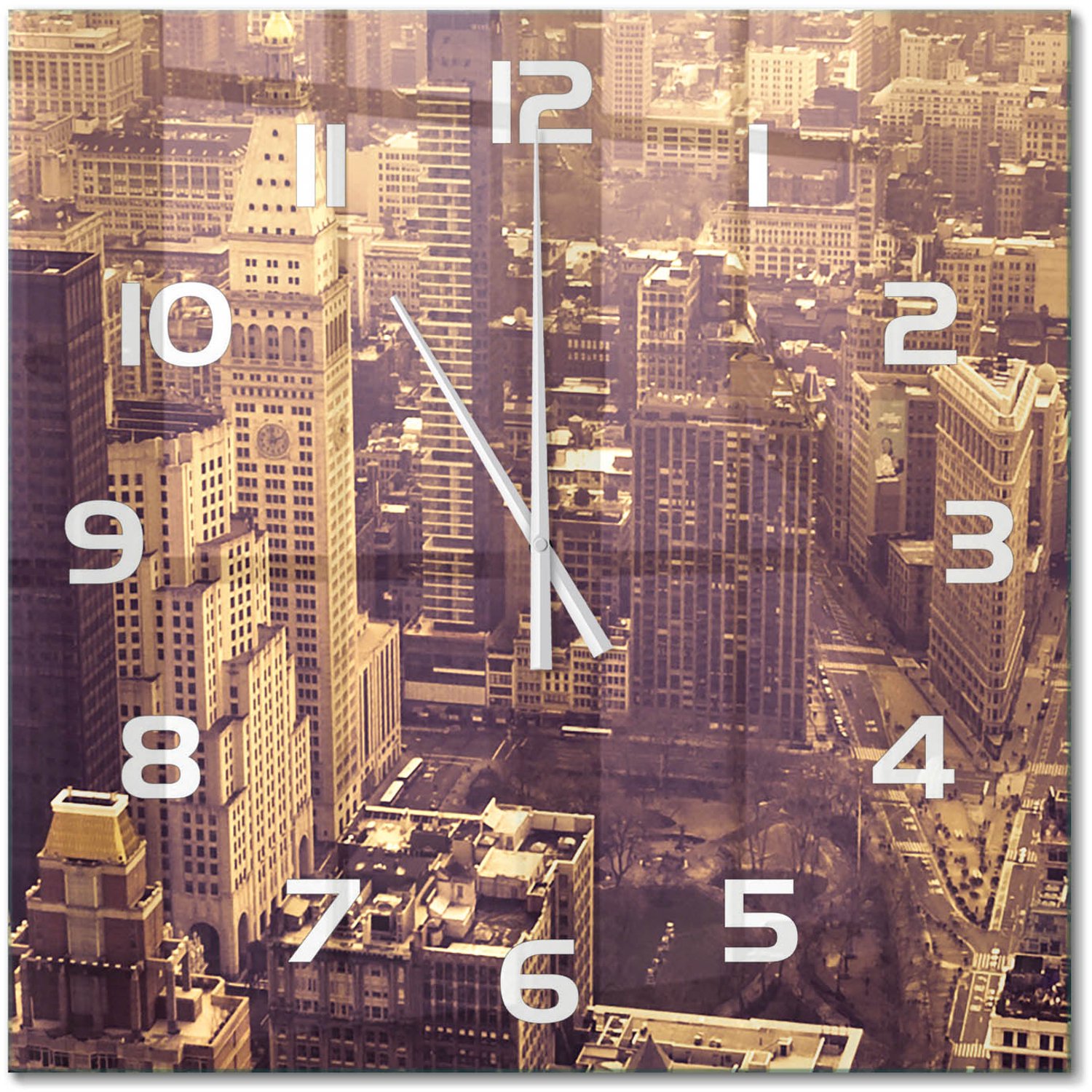 TULUP Wandklok - Manhattan, New York Wandklok Glas Met Motief - 60x60 cm - Geel Decoratieve Glazen Klok - Witte handen - Vierkante Klok - Gekleurde Glazen Klok - Glazen Klok Met Print