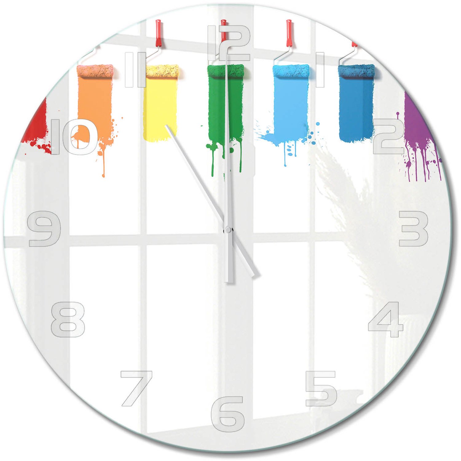 TULUP Wandklok - Verfrollers Glazen Wandklok Design - fi60 cm - Veelkleurig Klok Glas Met Opdruk - Witte handen - Ronde Klok - Wandklok Glas Met Motief - Decoratieve Glazen Klok